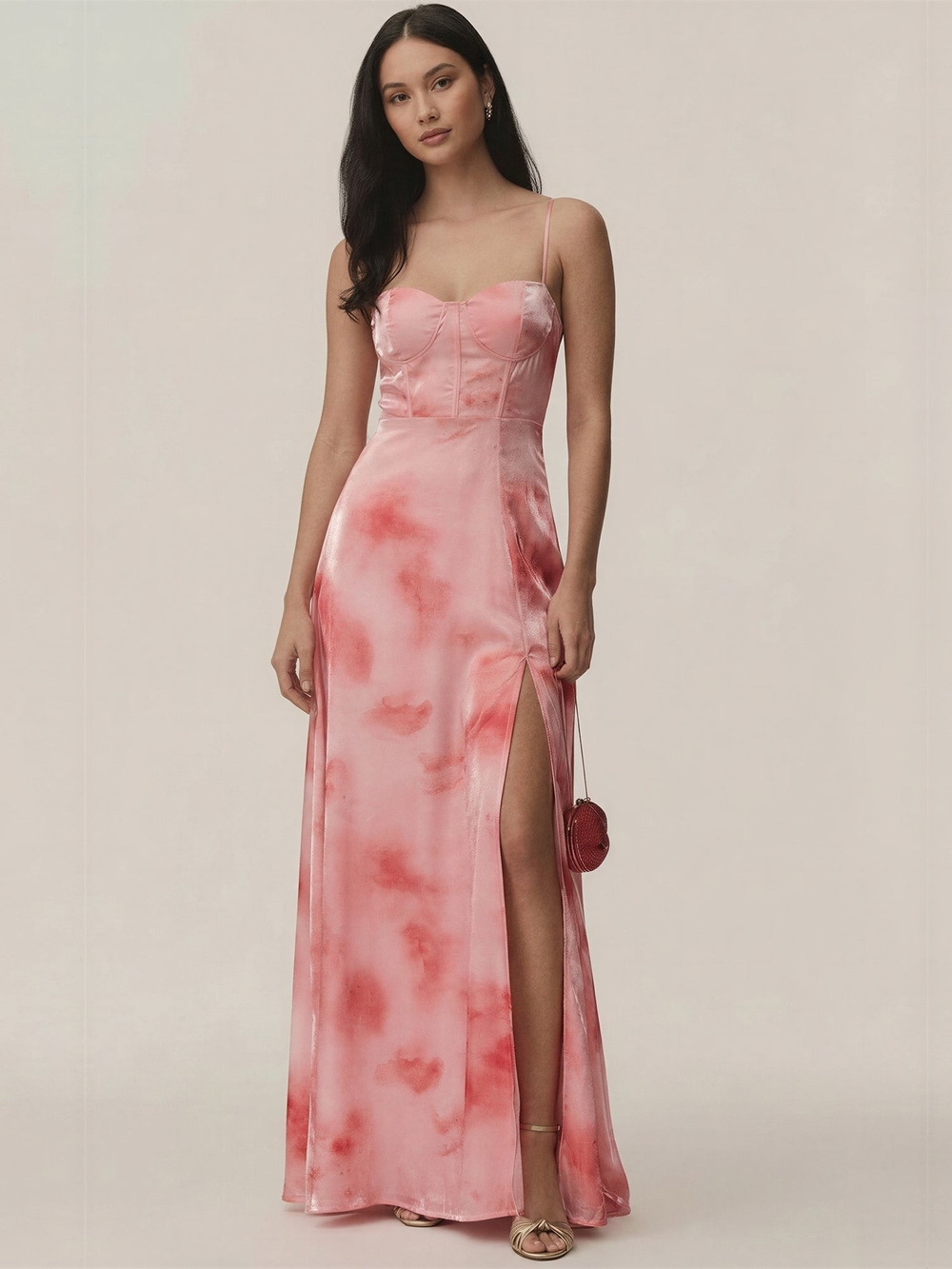 Pink Tie-Dye Satin Maxi Slip Dress with Thigh Slit